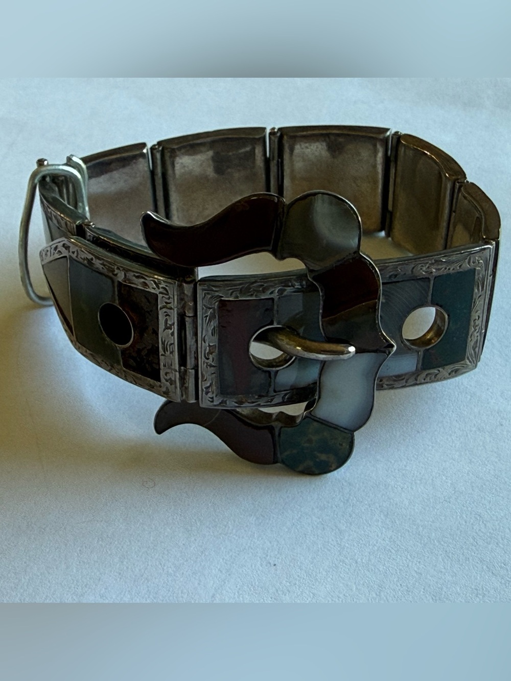 Victorian Scottish Agate Sterling Silver and Agate Belt Buckle Bracelet AS IS